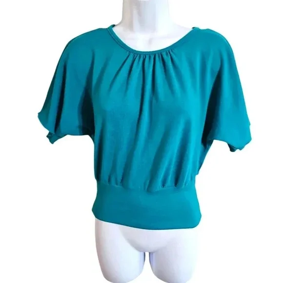Amys Closet Juniors Small Teal Dolman Sleeve Blouse Lace Back 90s Y2K Preppy Top - Picture 2 of 6